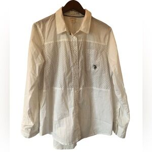 vintage White polo button down  casual dress shirt with polka dot detail